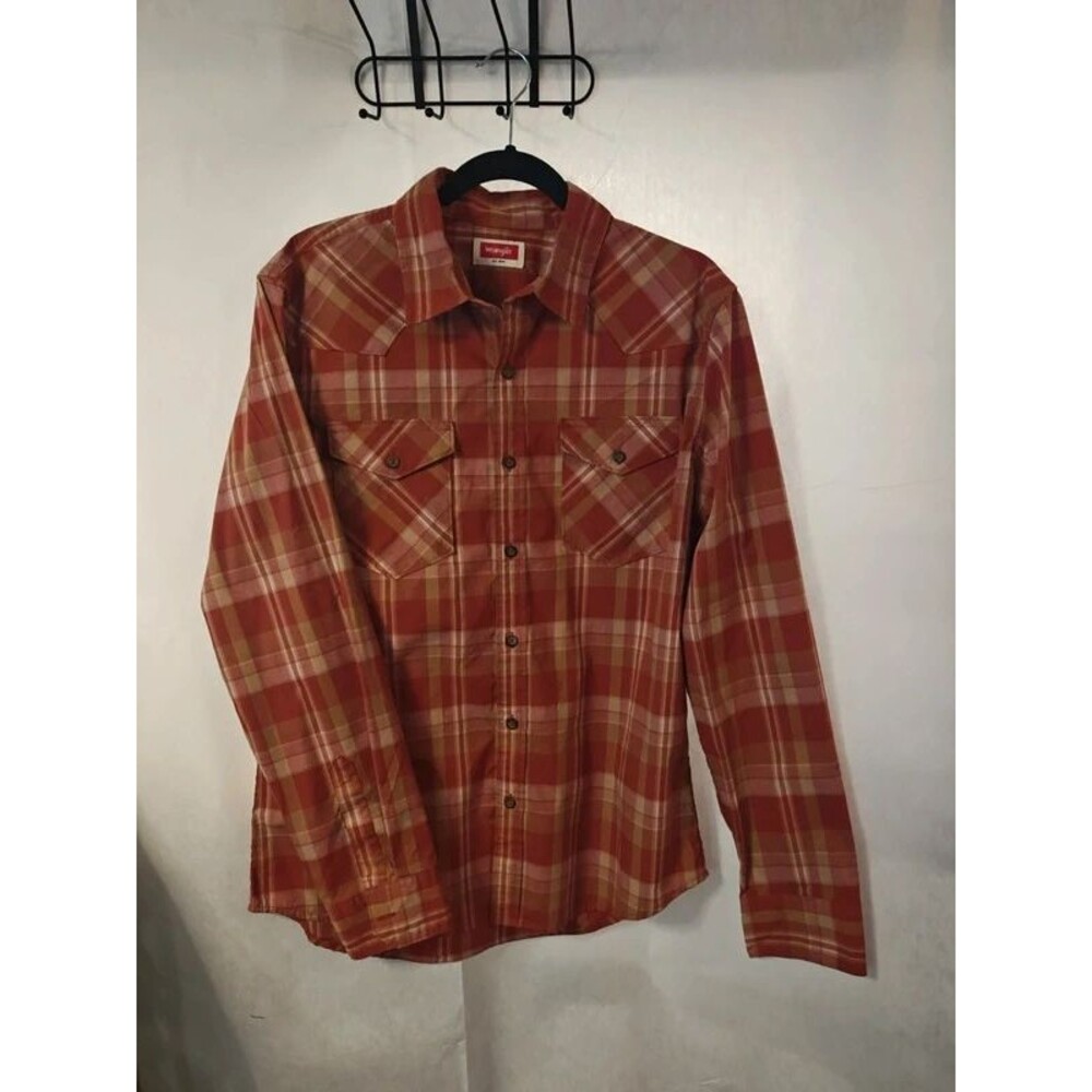 Men's Wrangler Plaid Pearl Snap Button Down Shirt - Orange & Cream (Size M)